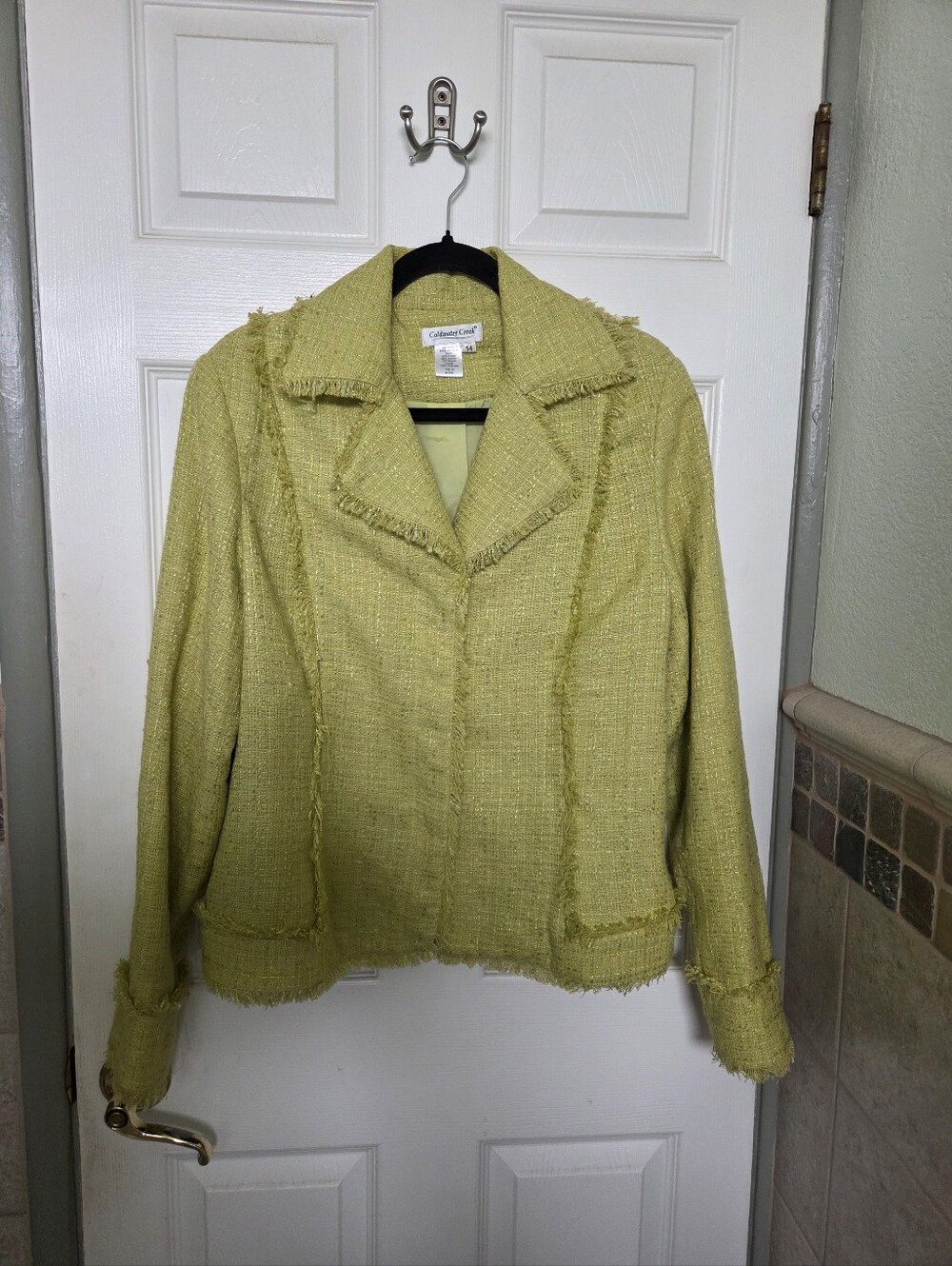 Coldwater Creek Lime Yellowish Tweed HEMP Fringe Button Up Blazer Office Size 14